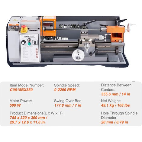 Torno de metal de alta precisión con control de velocidad versátil, 500 W (1/2)