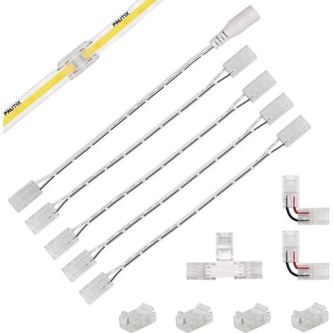 Kit di 12 connettori LED a 2 pin da 8 mm per strisce LED COB, include 4 connettori diritti, 2 a forma di L, 1 a forma di T, 4 prolunghe doppie da 15 cm e 1 connettore femmina DC (1/5)