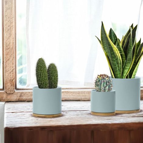 Ensemble de pots de fleurs en céramique avec soucoupe en bambou, pots de fleurs d'intérieur bleus, pots de fleurs d'extérieur en céramique avec soucoupe (petit modèle). (1/4)