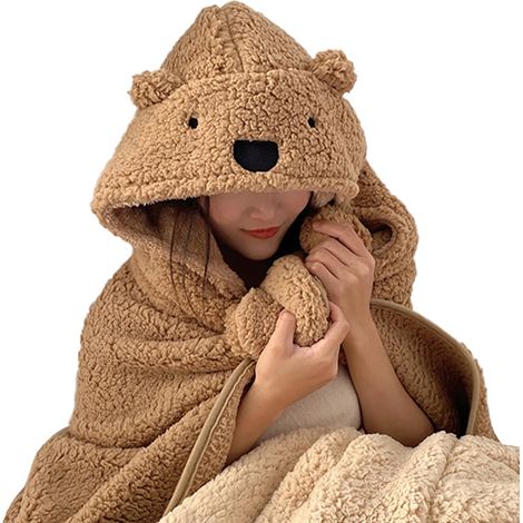 Couverture d'hiver à capuche, épaisse, douce et chaude, en peluche, pour enfants et adultes, marron, 120 x 123 cm