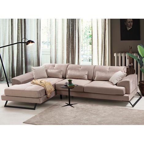 Canapé d'angle gauche velours beige avec têtières relevables et pieds metal noir Briko 308cm (1/5)