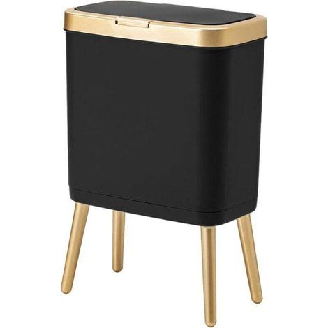 Poubelle de salle de bain noire 4 gallons Design moderne étroit avec couvercle doré Plastique résistant et facile à nettoyer (1/5)