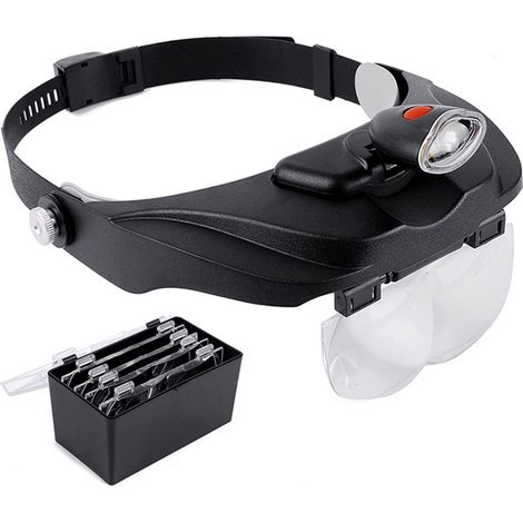 Casque loupe mains libres LED éclairée, visière avec 4 lentilles amovibles, pour réparation, gravure et bricolage. (1/5)