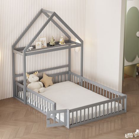 Kinderbett 140 x 200, Kinderbettgestell aus Massivholz mit Stauraum, Vollschutzgitter und Türen und Lattenrost, Grau (1/5)