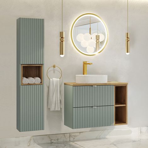 Set di mobili da bagno con lavabo Jade verde e marrone 80cm (1/5)