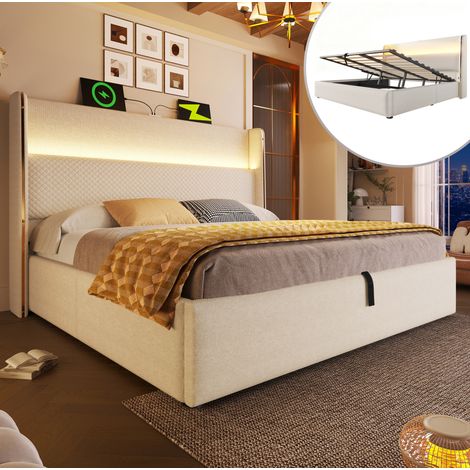 Lit coffre hydraulique en tissu aspect lin beige 140x200 cm avec LED, USB/Type-C et sommier à lattes (1/5)