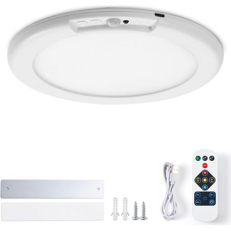 Plafonnier LED Rechargeable Détecteur de Mouvement Sans Fil, 19CM Sans Percer, 6000mAh Luminaire Plafonnier a Pile avec Télécommande, 3 Couleurs 3000K-6500K Dimmable, pour Escalier Couloir (1/5)