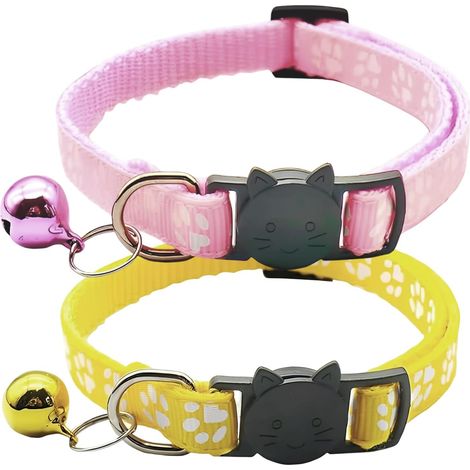 2 Pièces Collier Chat Avec Fermoir De Sécurité Et Grelot, Colliers En Nylon Réglables Pour Petits Chats À Porter À L'Extérieur (Jaune, Rose) (1/5)