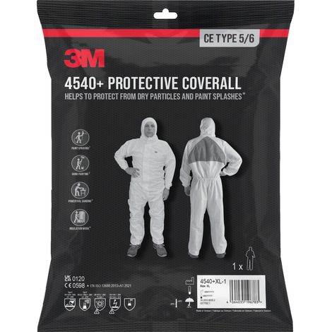 Lot de 2 combinaisons de protection 3M™ 4540+, Type CE 5/6, blanche avec triangle bleu, taille XL, 1 par sachet (1/2)