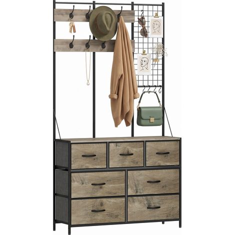 Porte-manteau - HOMCOM - 4 en 1 - 7 tiroirs pliables en tissu, 14 crochets, panneau grillagé - bois - 100x30x183cm - gris effet bois (1/5)