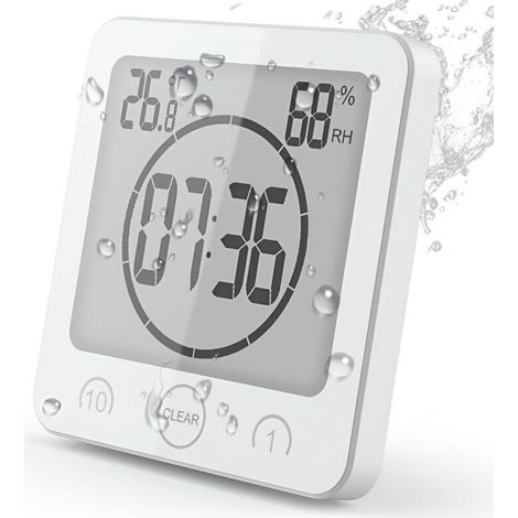 Horloge de salle de bain, horloge de douche tactile étanche, réveil numérique LCD, thermomètre, hygromètre, minuteur, fonctionne sur piles, convient aux salles de bain et cuisines (blanc). (1/5)
