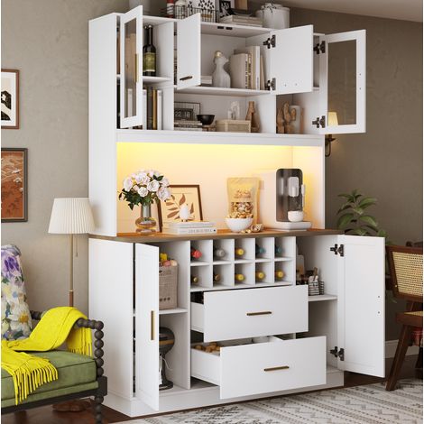 Aparador 120x36.3x180 cm blanco de MDF y metal con LED, enchufes, 6 puertas, 2 cajones y botellero (1/5)