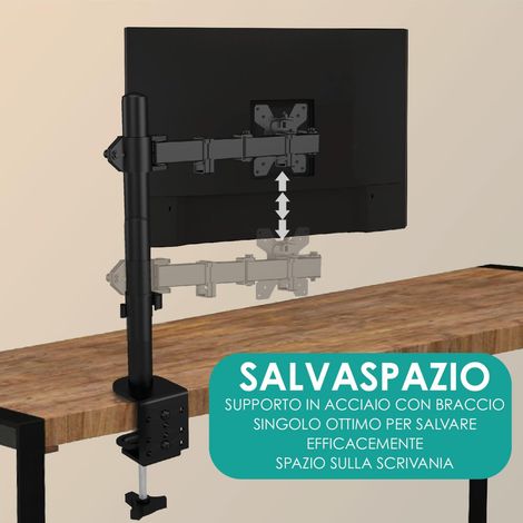 Overmust Braccio Singolo Per Monitor 13-32", Regolabile In Altezza 410mm, Capacità 10 Kg, Estensione 460mm, Vesa 75x75/100x100, Nero (1/4)