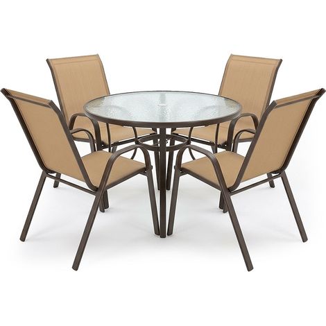 Mesa Redonda de Cristal Templado + 4 Sillas. Muebles de Jardin y Terraza, Marron