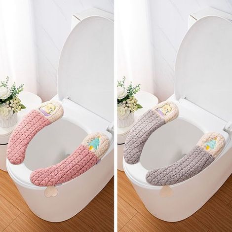 Set mit 2 Paar weichen WC-Sitzkissen mit Bären- und Weihnachtsbaummotiv (Rosa & Grau) – Wärmeerhöhend mit Abzieher