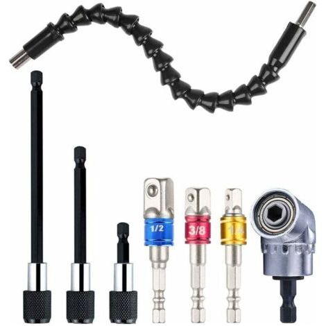 Rallonge de foret flexible 29cm – Adaptateur à angle droit 1/4' – Kit de 3 embouts de tournevis à percussion – 3 porte-embouts (1/4)