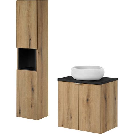 Set Pensile Newport da Bagno con Mobile a Colonna Mobile Sottolavabo 60x57x39 cm e Lavabo in Ceramica - Effetto Rovere/Nero [en.casa] (1/5)