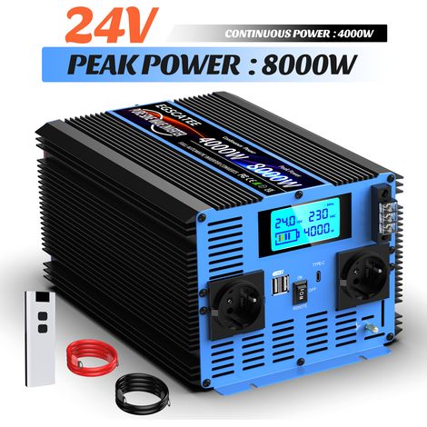 Onduleur à onde sinusoïdale pure 24V DC vers 230V AC, 4000W continu, 8000W crête, avec écran LCD et télécommande, convertisseur de tension pour camping-car (1/5)