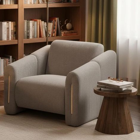 Fauteuil Design Maximilien en Velours côtelé Taupe – Pieds métal doré, Fauteuil Moderne Chic avec accoudoirs – L92 x P82 x H78 cm (1/5)