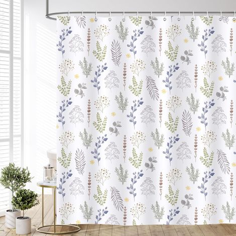 Rideau de Douche Fleurs sur Fond Blanc, Rideau de Bain Herbes & Feuilles Colorées 180x180cm, Polyester Imperméable Anti-Moisissures avec 12 Crochets (1/5)