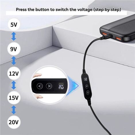 Convient pour 2 câbles d'alimentation USB C vers DC, convertisseur de charge rapide réglable 5V/9V/12V/15V/20V, Type C vers DC PD 65W.