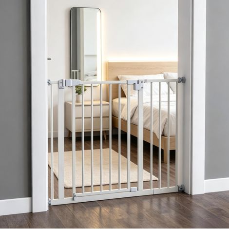 Puerta de seguridad para mascotas ajustable de metal blanco, con cierre automático y apertura bidireccional para puertas, pasillos y escaleras del hogar – CHICFURN (1/5)