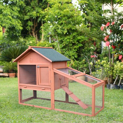 Gabbia/recinto per piccoli animali PawHut con tetto in asfalto, recinto esterno a due piani, in legno di abete naturale, 144 x 64,5 x 100 cm