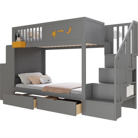 Cama alta infantil de madera gris 90x200 cm con escritorio, escalera de seguridad y cajones (1/5)