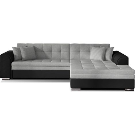 Canapé d'angle convertible tissu et simili LOOKA - Pieds métal chromé-Noir/Gris clair-angle droit (1/5)
