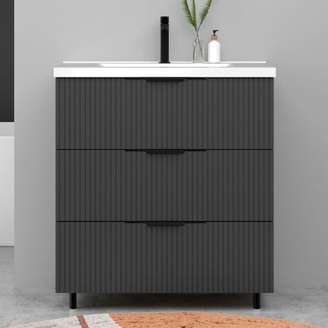 Meuble de salle de bain suspendu Strié 80cm avec poignées + simple vasque + 3 tiroirs, Anthracite