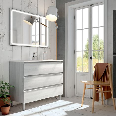 Meuble de salle de bain simple vasque - 3 tiroirs - hibernian (bois blanchi) - PALMA et miroir Led VELDI - 60cm (1/4)