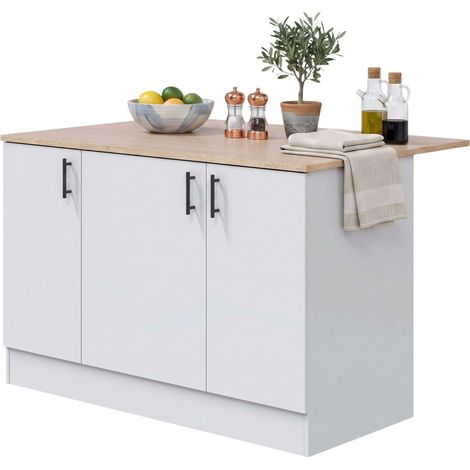 Isla de Cocina Kira, 3 Puertas, Estantes Regulables Blanco Brillo y Roble Canadian (1/5)