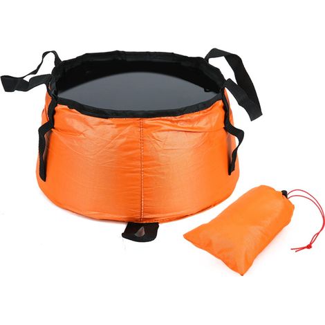 Seau à eau pliable et portable pour le camping, en polyester imperméable, idéal pour la pêche et les voyages, avec poignée renforcée et format compact (25 cm x 14 cm x 29 cm). Couleur orange. (1/5)
