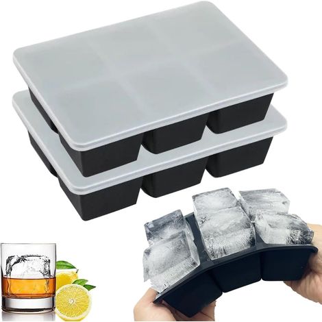 2 Moule à glaçons, Grand format carré, Silicone alimentaire, Couvercle hermétique, Empilable, Pour cocktail et