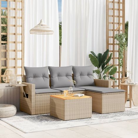 5-tlg. Garten-Sofagarnitur mit Kissen Beige Poly Rattan (1/3)