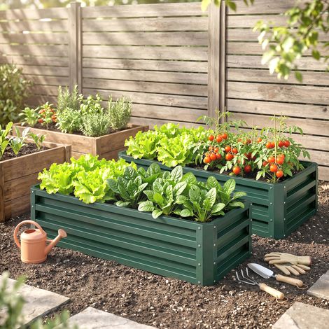 Lot de 2 bacs de jardin surélevés en métal. Fond ouvert. Pour jardin ou balcon. 110 x 50 x 30 cm. Vert. (1/5)