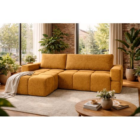 Divano angolare MODENA reversibile e trasformabile con contenitore – grande divano, letto aggiuntivo, design moderno, tessuto senape, comfort per tutta la famiglia (1/5)