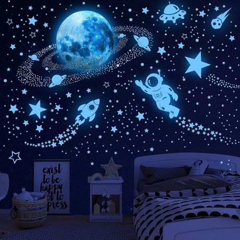 531 autocollants phosphorescents représentant des planètes, des étoiles, une galaxie et des astronautes, à poser au plafond ou à décorer dans une chambre. (1/4)