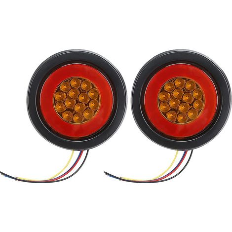 Lot de 2 feux arrière ronds ambre/rouge à 32 LED 12 V pour voiture, feux de brouillard, feux stop, feux de position et feux de recul. (1/5)