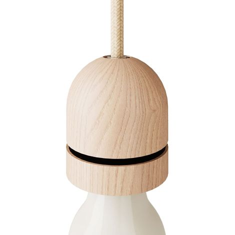 Kit Douille E27 filetée Semi-sphérique en Bois avec Serre-câble dissimulé et Couvre Anneau pour Abat-Jour - Neutre (1/5)