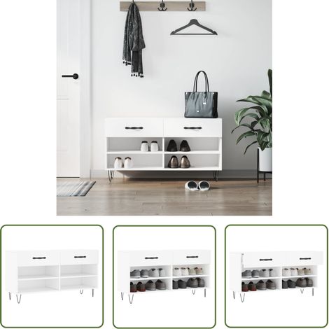 The Living Store Banc à chaussures blanc 102x35x55 cm bois d'ingénierie - Meuble À Chaussures - Banc Chaussure - Rangements Chaussures - Rangement Entrée - Meuble Rangement (1/5)