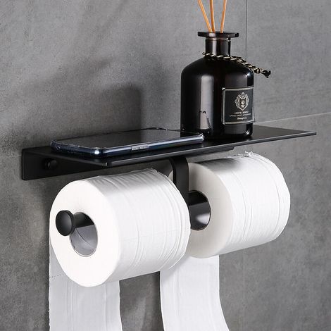 royaluxe - Porte Rouleau de Papier Toilette Hygiénique Sans Perage avec Etagère de Téléphone Portable Support Mural Double pour Salle de Bains (Noir) (1/4)