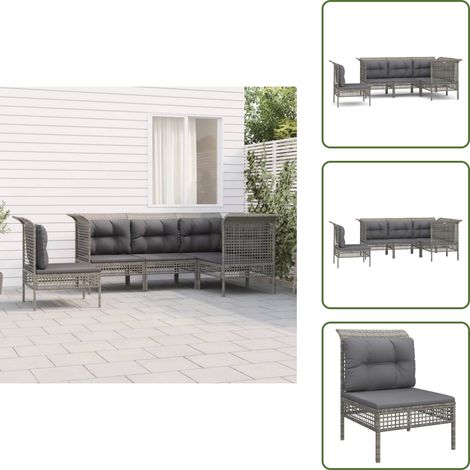 5-tlg. Garten-Lounge-Set mit Kissen Grau Poly Rattan - Gartenmöbel - Loungesessel - Gartenloungeset - Outdoor Möbel - Rattan Möbel (1/5)