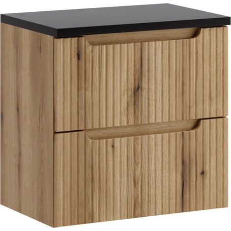 Set da bagno sospeso VANO in rovere chiaro e nero 60cm: mobile sotto lavabo con cassetti + piano per lavabo