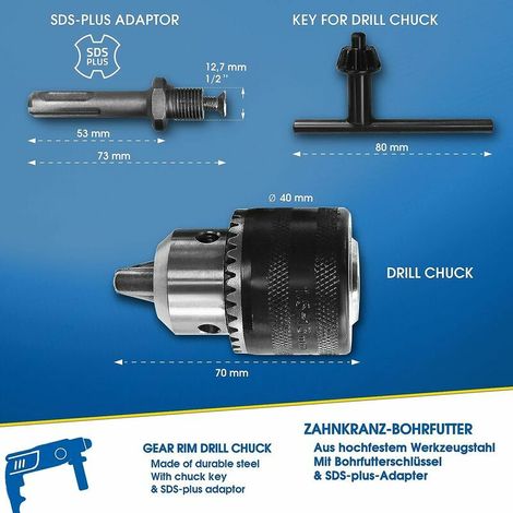 Mandrin per perforazione 1,5-13 mm, 1/2-20 UNF con adattatore SDS Plus e chiave (1/3)