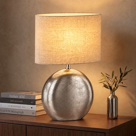 Tischlampe Tischleuchte Schlafzimmerlampe Schnurschalter Silber Antik Stoff H 53 cm (1/5)