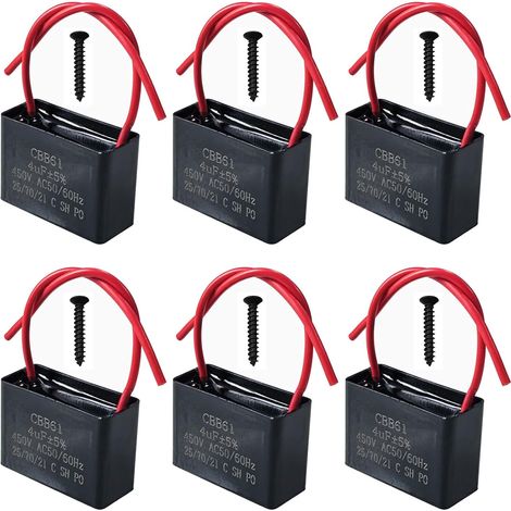 Lot de 6 Condensateurs CBB61 450V 4 µF AC 50/60 Hz Climatiseur Ventilateur Moteur Condensateur de Marche Démarrage pour Ventilateur de Plafond, Hotte