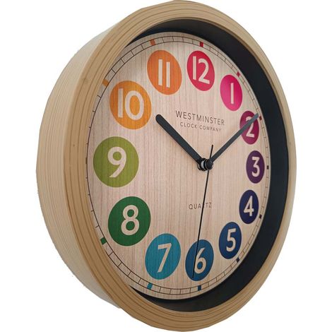Wanduhr Uhr Küchenuhr Analog Batteriebetrieben Holzoptik bunte Ziffern D 22 cm