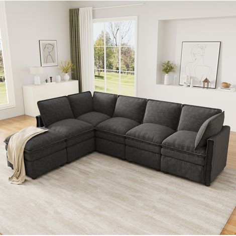 Divano modulare XXL 344x127x91 cm, trasformabile in U o L, con pouf mobile, chenille grigio (1/5)