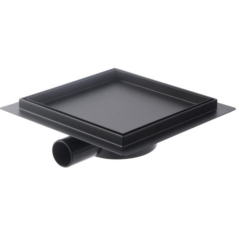 Siphon de douche carré en acier inoxydable - 25 x 25 cm - Noir - Carrelage - Siphon avec filtre à cheveux et système anti-odeurs - Pivotant à 360°